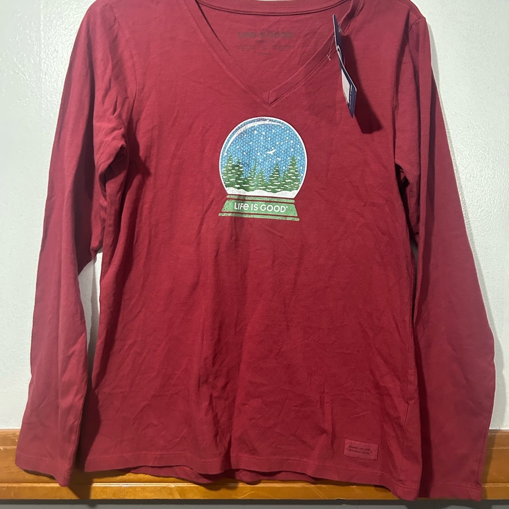 Life Is Good Red V-Neck Long Sleeve Tee with Snow Globe Graphic